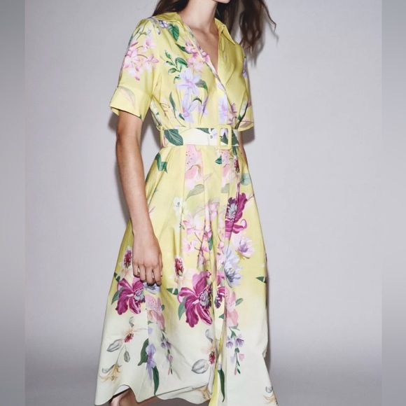 2026 ZARA BELTED FLORAL MIDI DRESS - Picture 1 of 4
